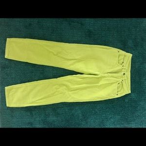 Bright green-yellow Ragged priest corduroy pants. Size 28 but fits a 26.